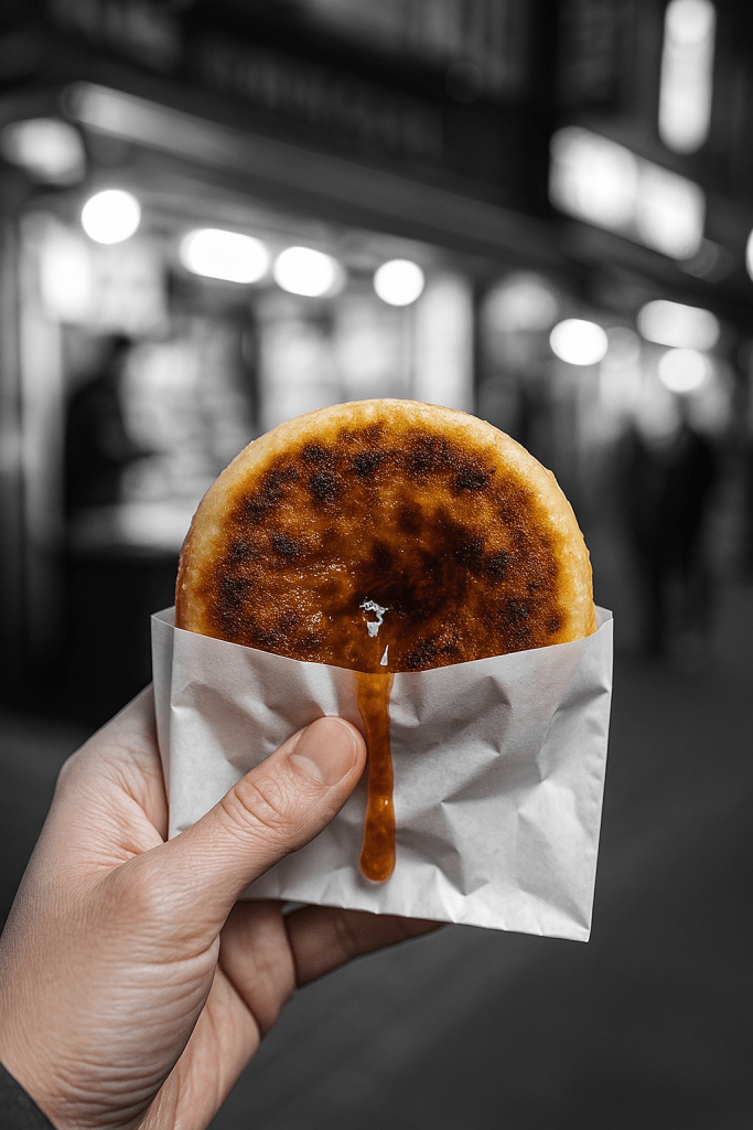 A hotteok pancake being held in a paper wrapper, with steam rising from its crispy golden crust.