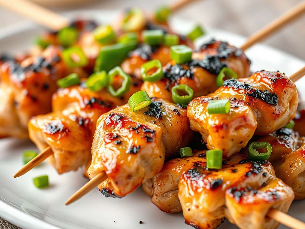 A grilled chicken skewer (dak-kkochi) brushed with spicy sauce, glistening over a hot grill.